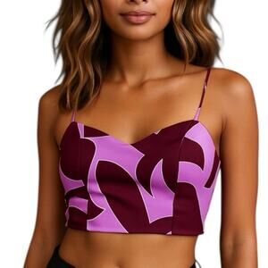 House of Harlow 1960 Purple Abstract Print Satin Crop Top Y2K Festival Cami